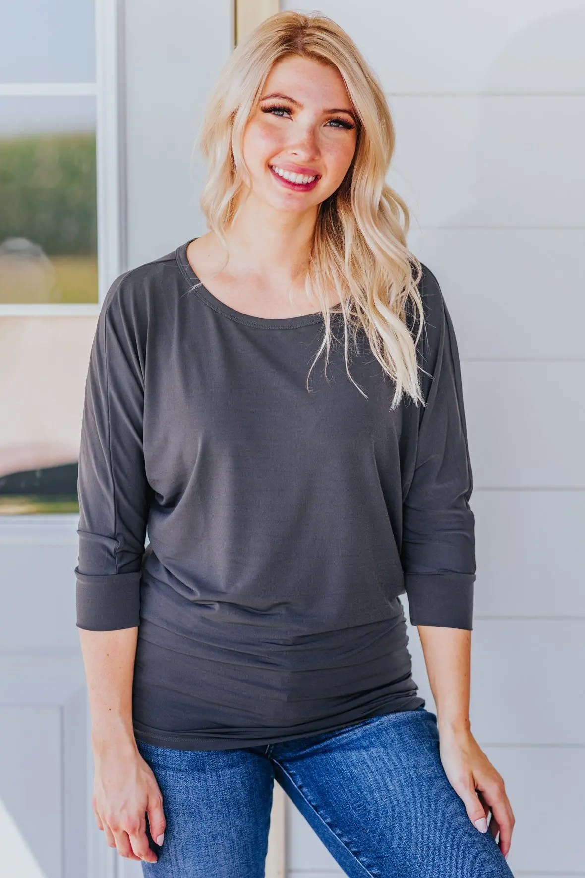 Standing Out In Front 3/4 Sleeve Dolman Top In Ash Grey 1