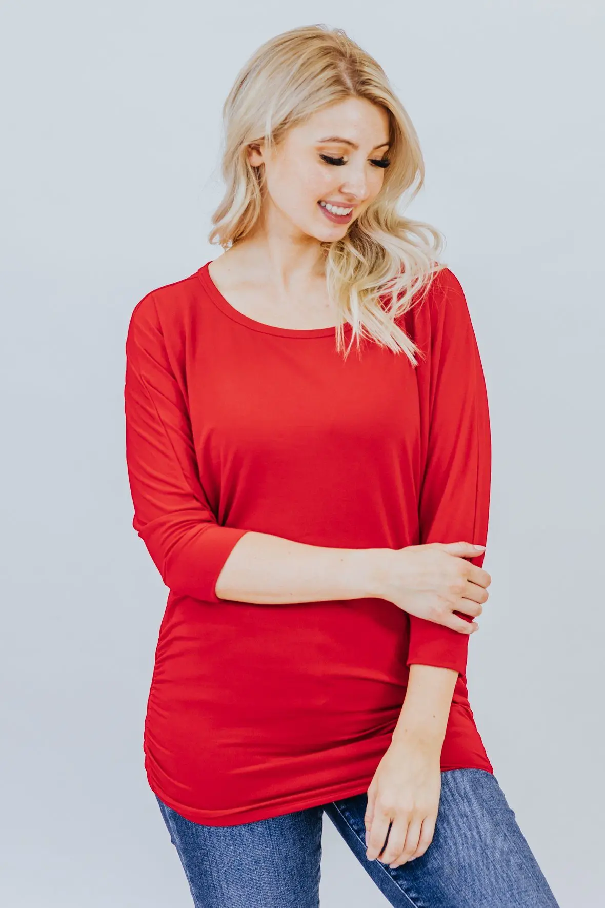 Standing Out In Front 3/4 Sleeve Dolman Top In Red 1