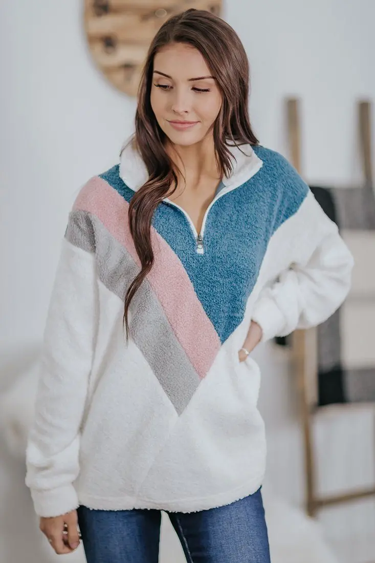 Good Old Memories 1/4 Zip Up Long Sleeve Teddy Top In White 1