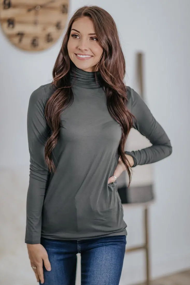 It Takes Two Cinched Mock Neck Long Sleeve Basic Top In Ash Grey 1
