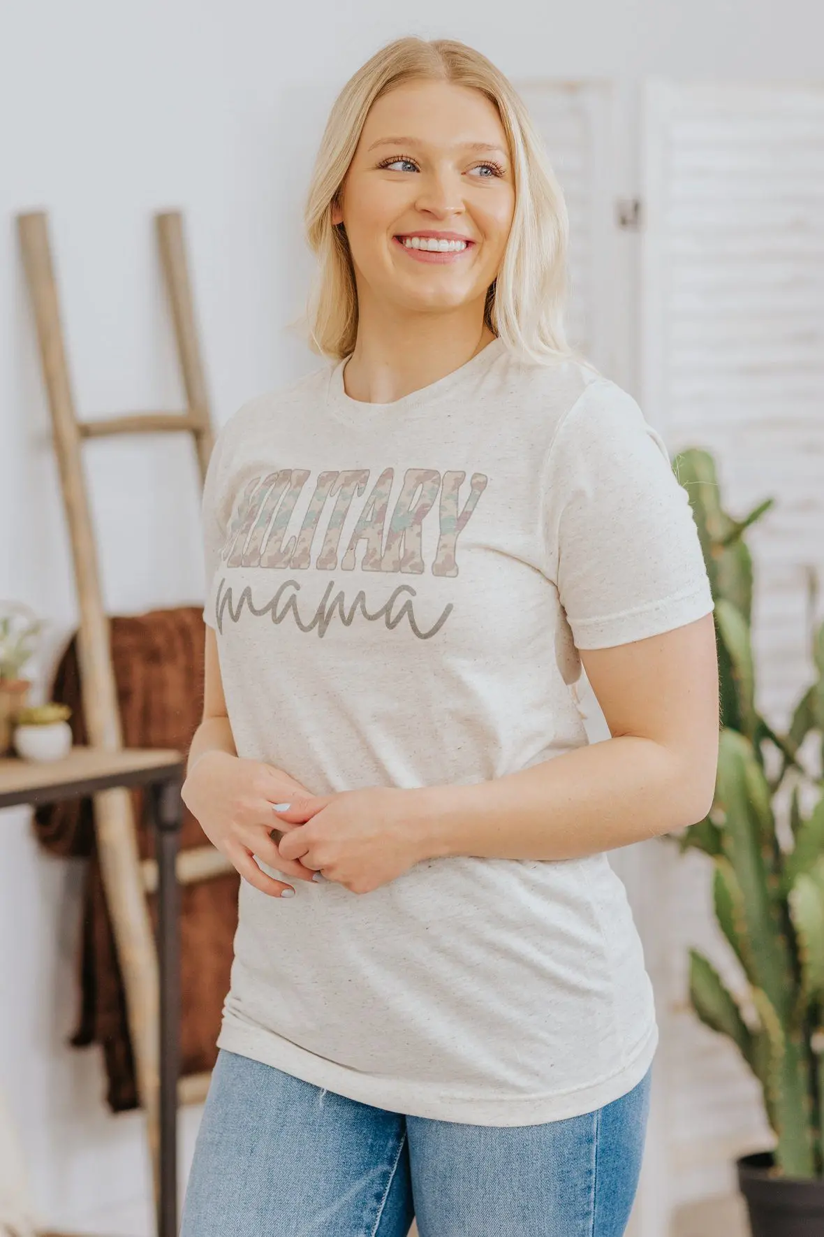 "Military Mama" Short Sleeve Top In Oatmeal 1