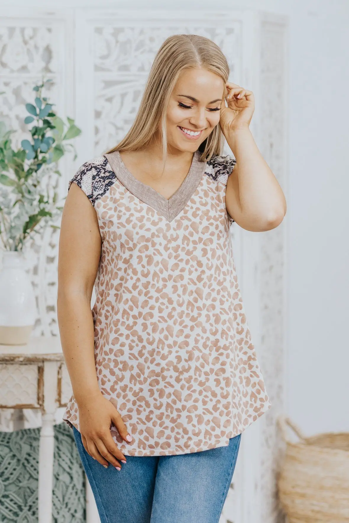 Get Up And Try Leopard Print With Snakeskin Detail Tank Top In Light Taupe 1