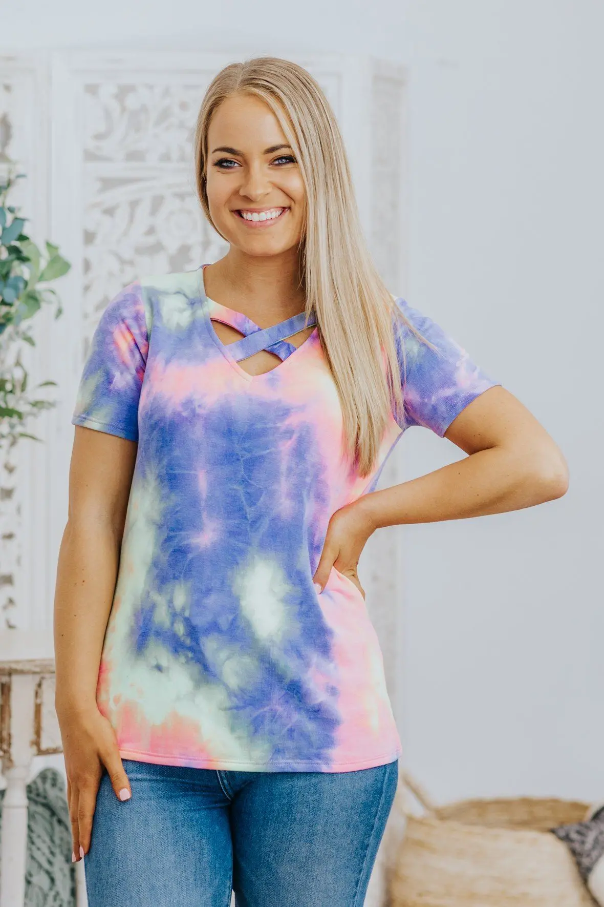 This Is My Song Caged V Neck Tie Dye Top 1
