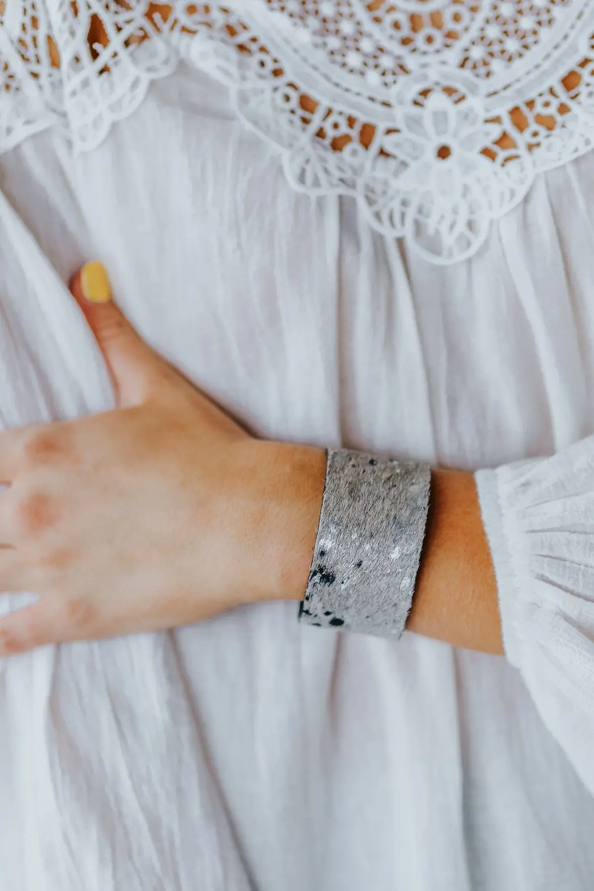 Come Find Me Printed Hair On Hide Cuff Bracelet In Silver Black 1
