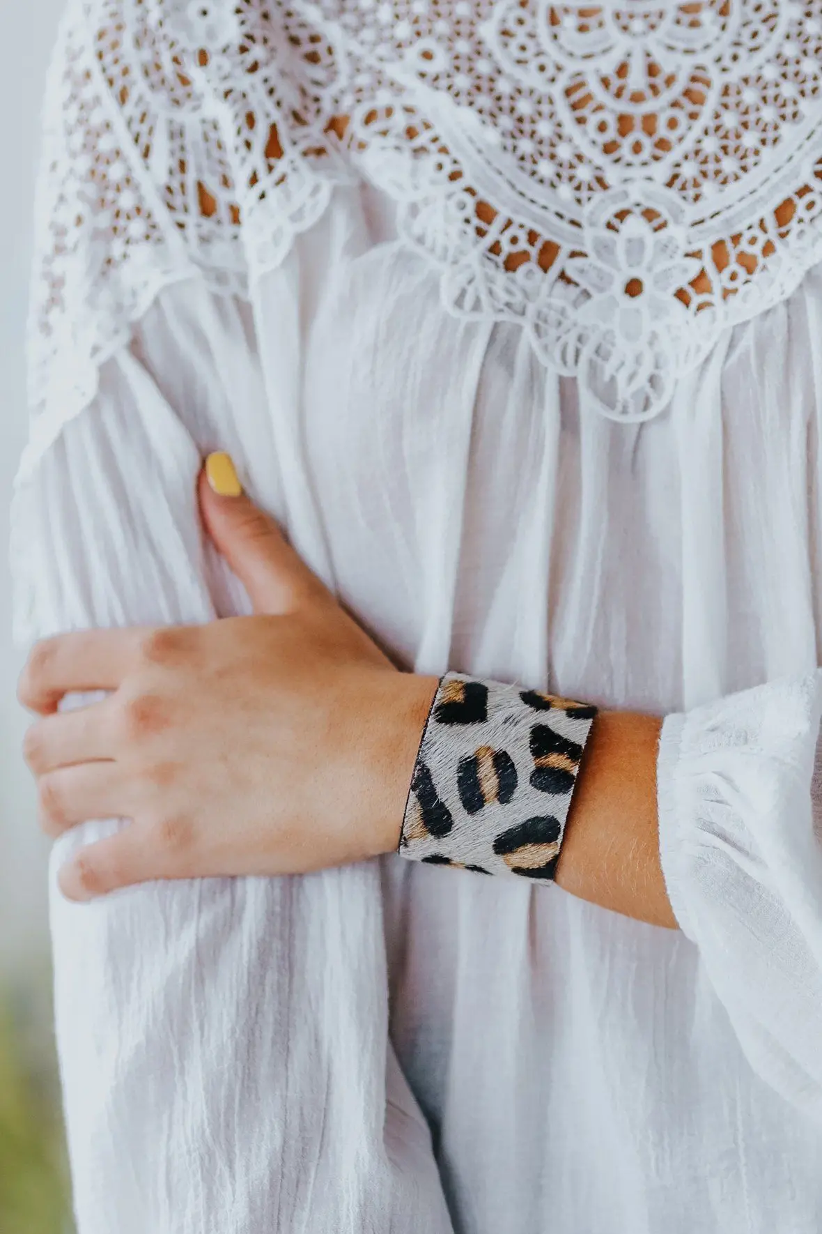 Come Find Me Leopard Print Hair On Hide Cuff Bracelet In Ivory 1
