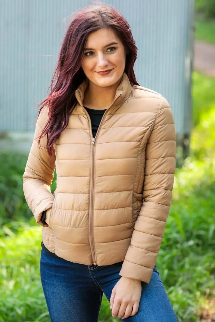 Born This Way Puff Long Sleeve Pockets Jacket In Camel Brown 1