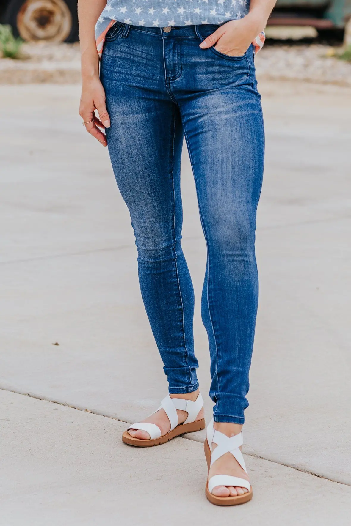 Cello Mid Rise Rayon Ankle Skinny Jeans In Dark Denim 1