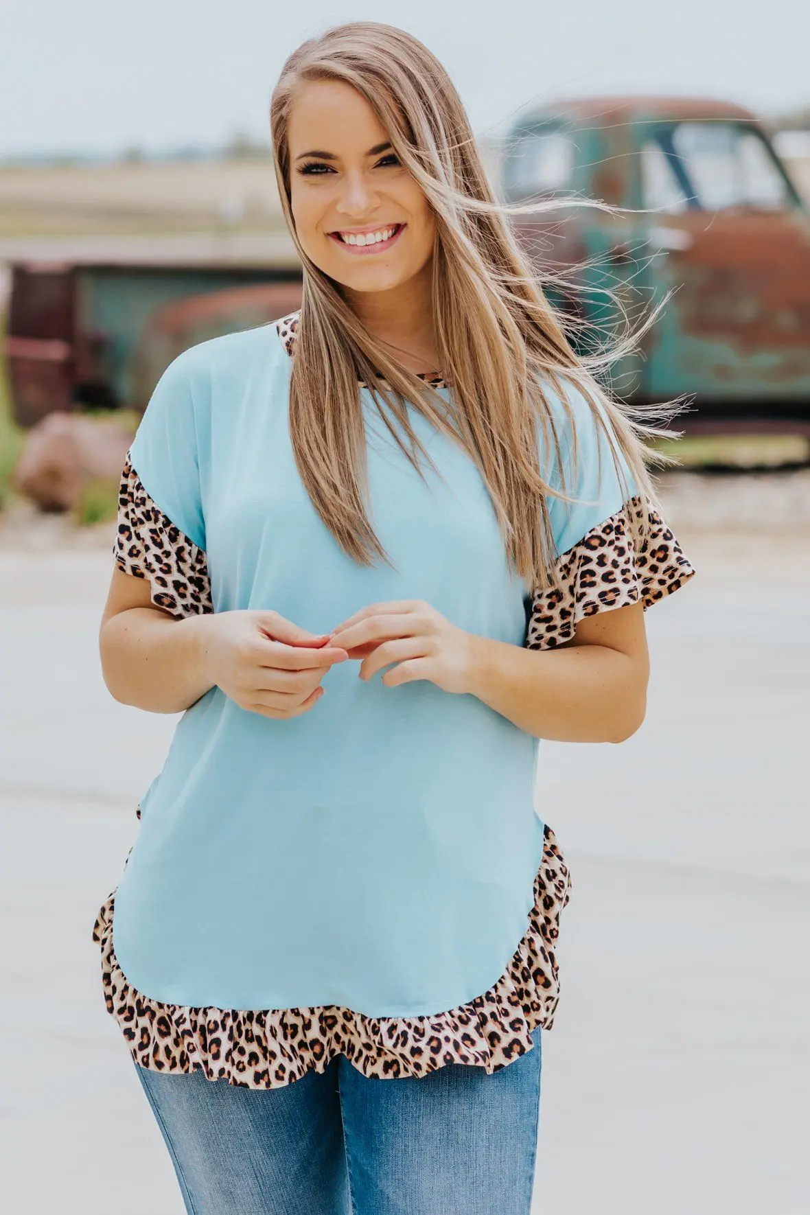 Blending In Ruffle Top In Powder Blue 1