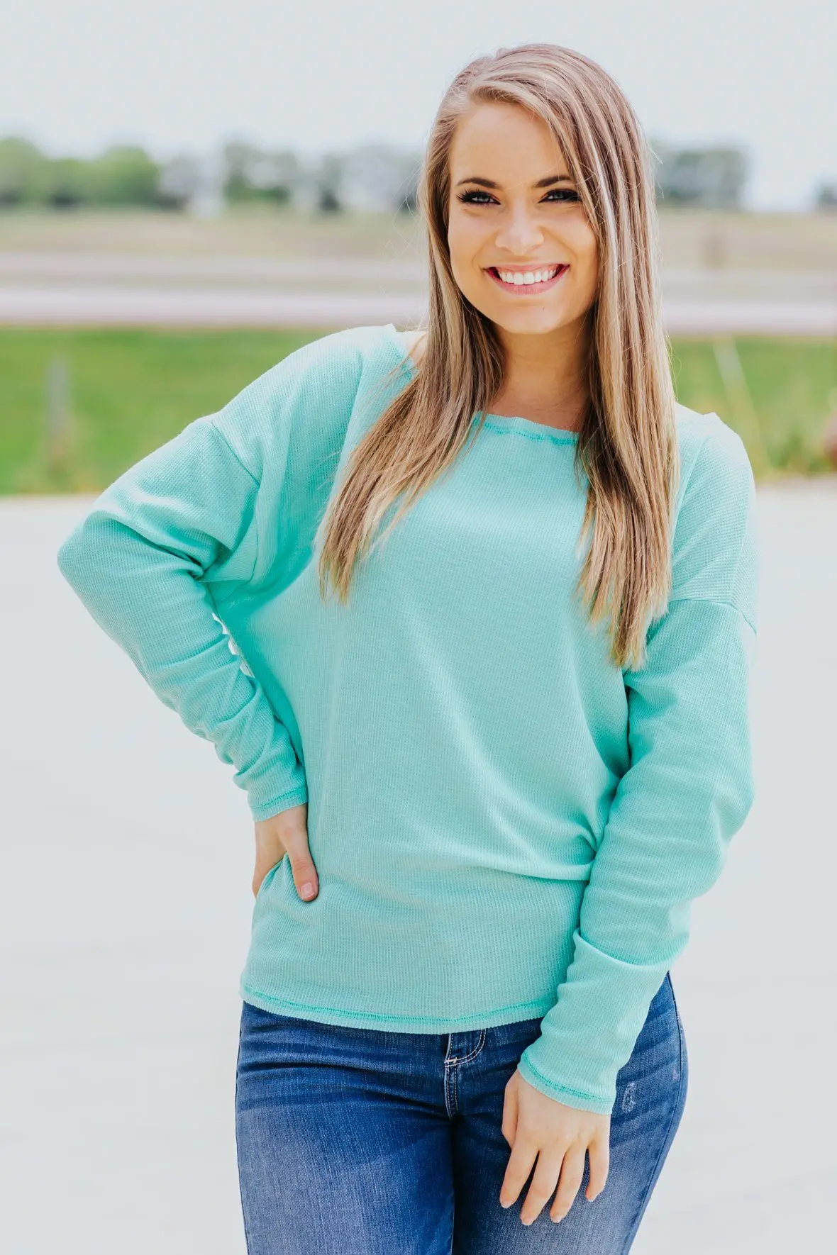 What's Left In Me Waffle Dolman Long Sleeve Top In Mint 1