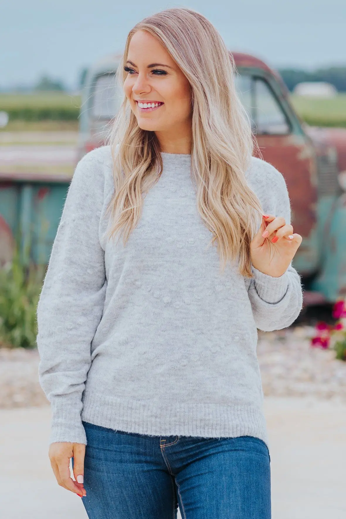 Thinking Out Loud Pom Pom Sweater In Heather Grey 1