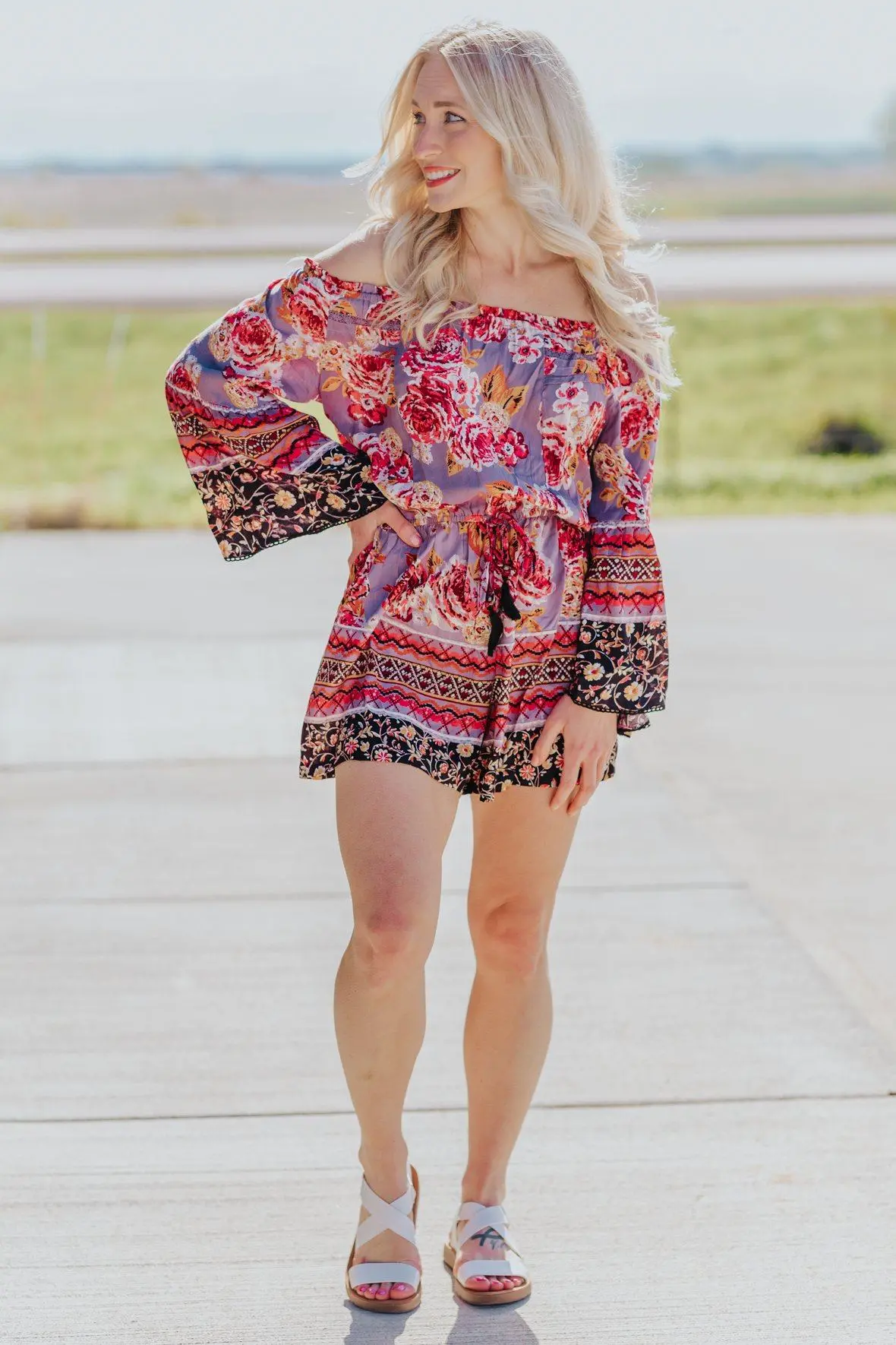 Work Hard, Play Harder Floral Off The Should Romper In Ash Purple 1