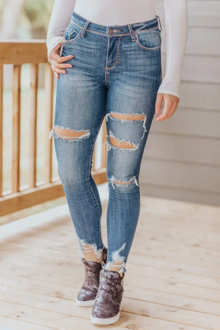 Casi Cello Mid Rise Frayed Distressed Dark Wash Skinny Jeans 1