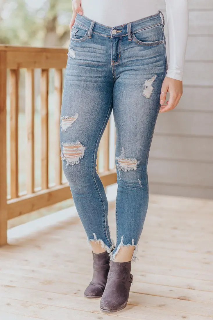 Jada Judy Blue Medium Wash Destroyed Hem Skinny Jeans 1