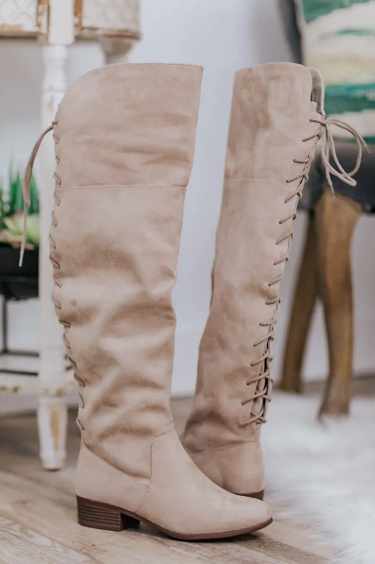 Making Things Happen Suede Lace Up Tall Boots In Beige 1
