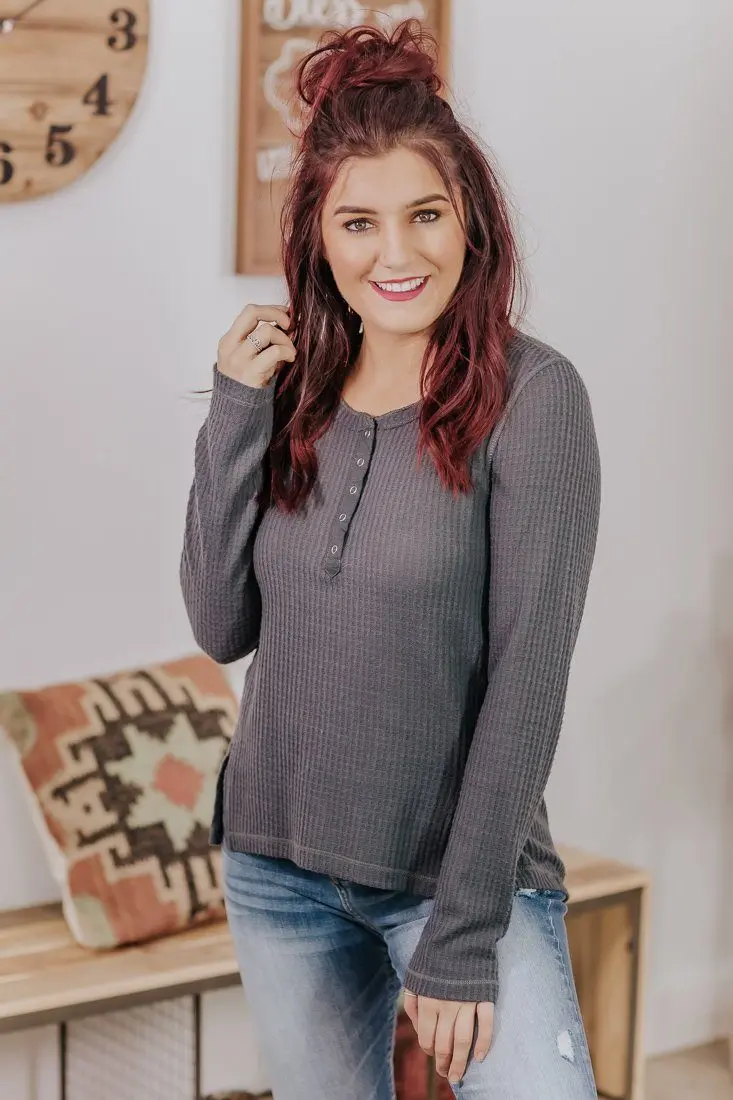 Typical Rules Waffle Long Sleeve 1/2 Button Down Top In Stone Grey 1