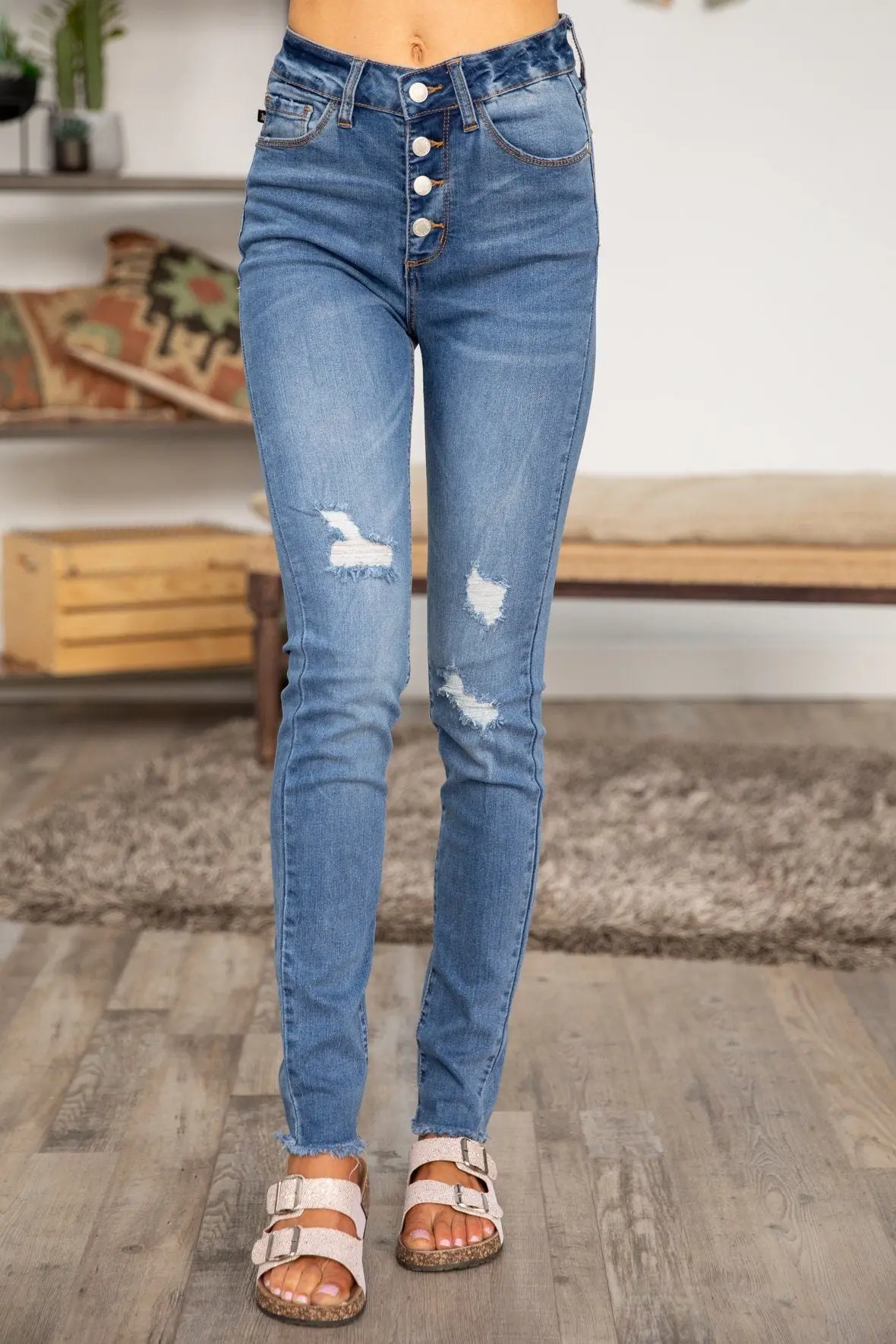 Jacqueline Judy Blue High Rise Four Button Distressed Skinny Jeans 1