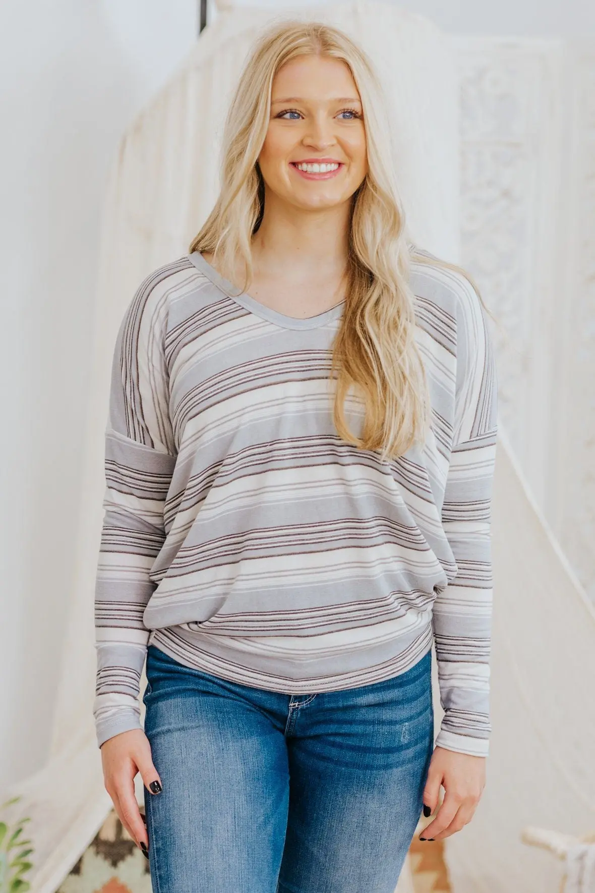 I Know You're Trying Striped Knit Top V-Neck Long Sleeve Top In Grey 1
