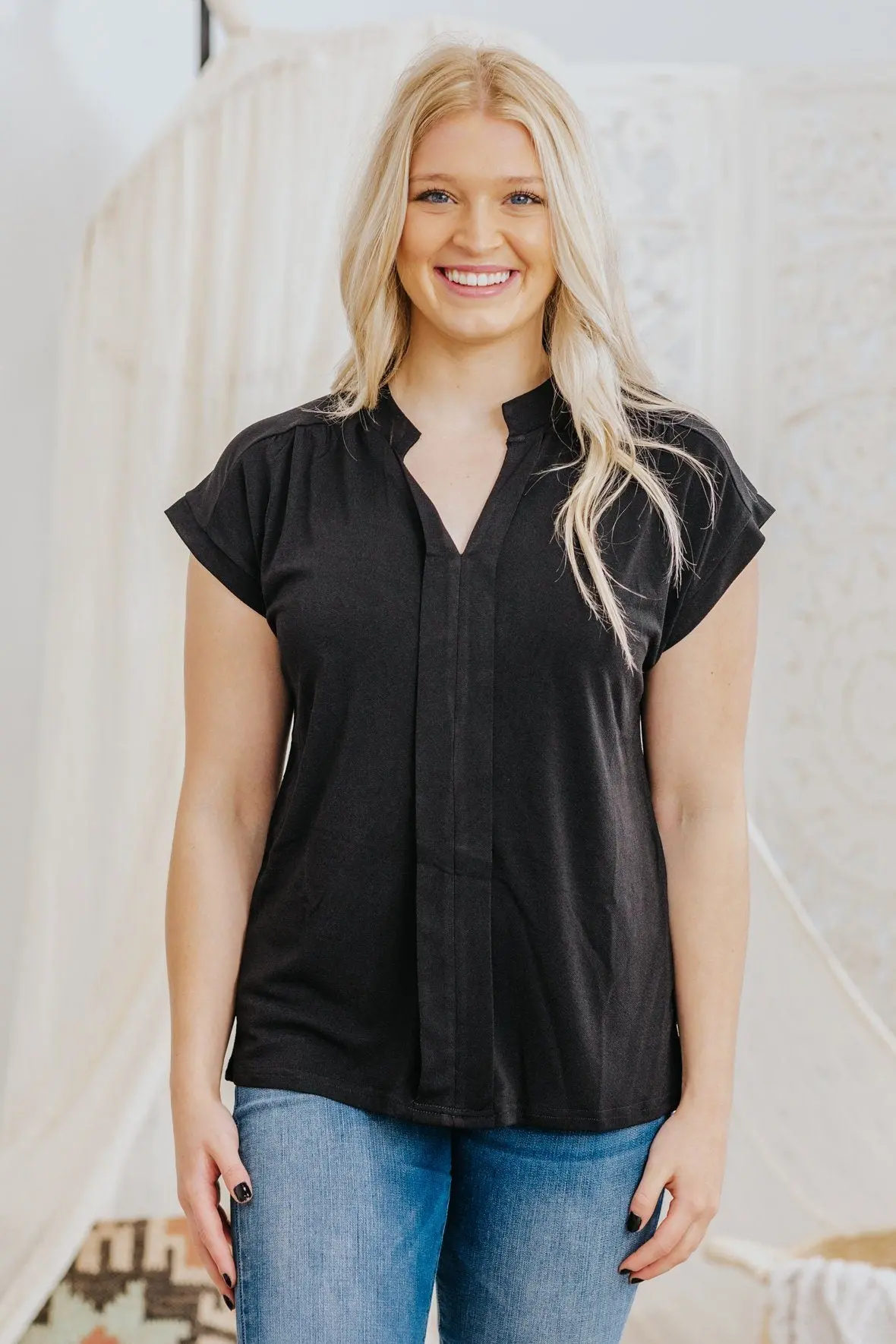 See The Value Placket Detail V Mock Neck Short Sleeve Blouse In Black 1