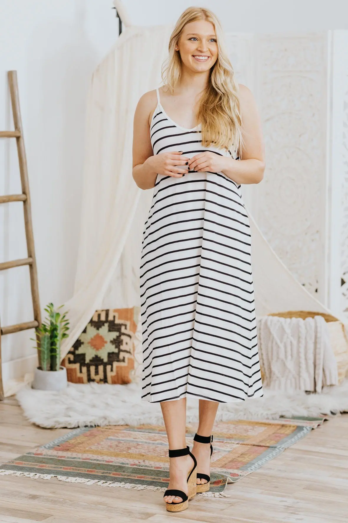 Dancing The Night Away Spaghetti Strap Striped Printed Dress In White 1