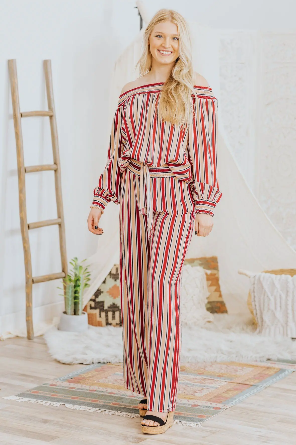 Hills & Valleys Striped Elastic Off Shoulder Top W/ Matching Wide Leg Pants In Burgundy Peach 1
