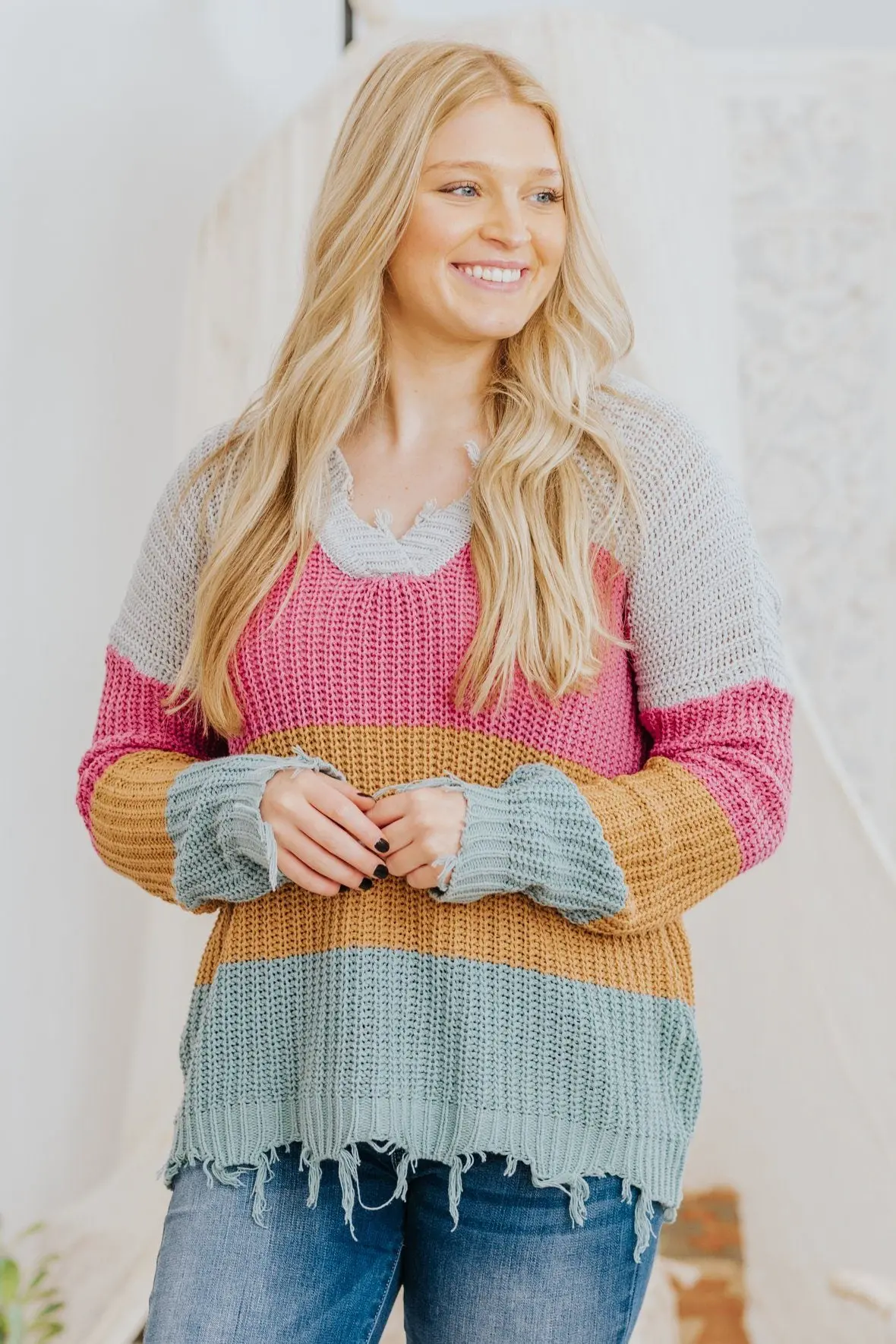 Give All Of Me Color Block Distressed Long Sleeve Knit Sweater In Pink Teal 1