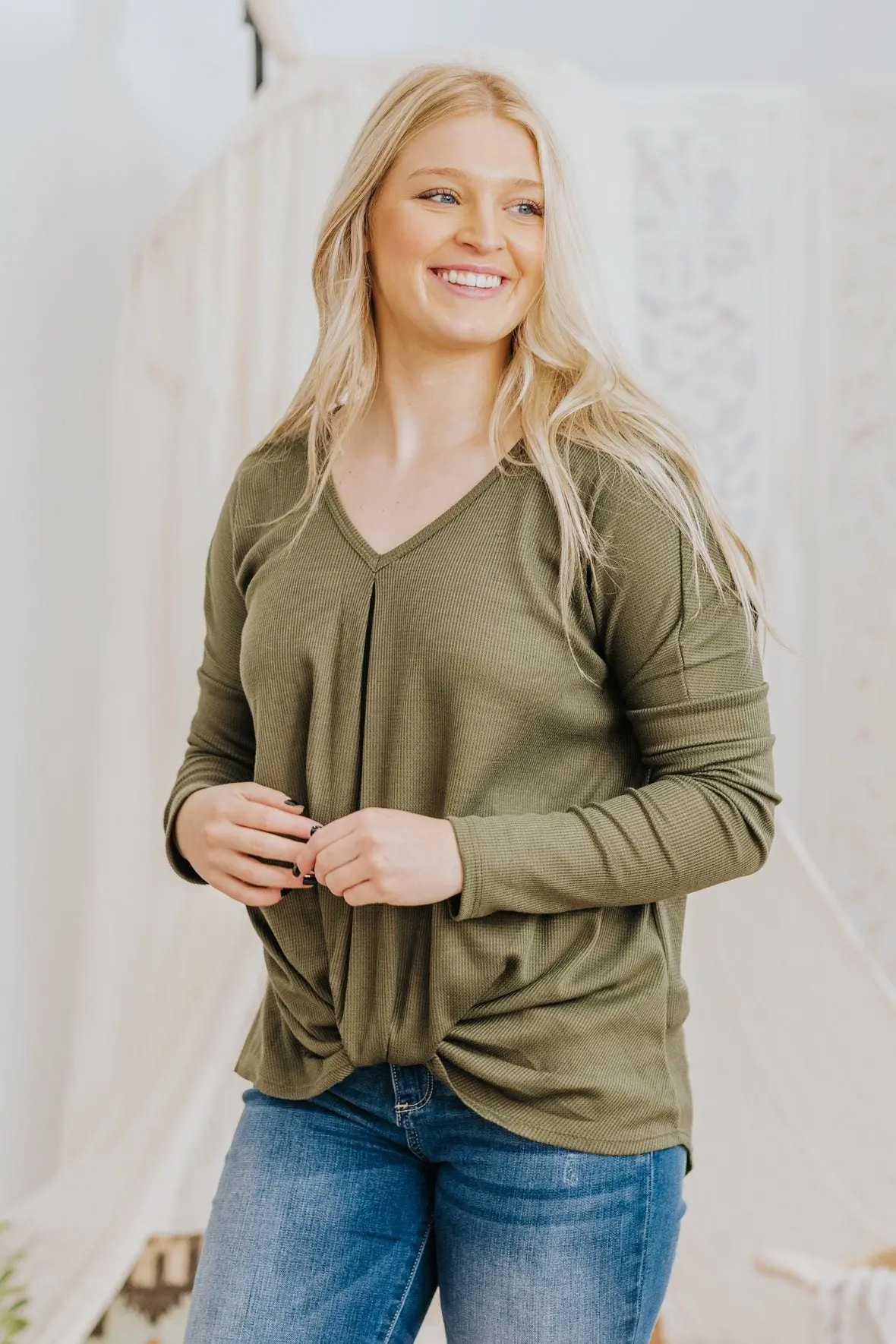 *Deal* I Am Loved Waffle Front Twist Long Sleeve Dolman Top In Olive 1