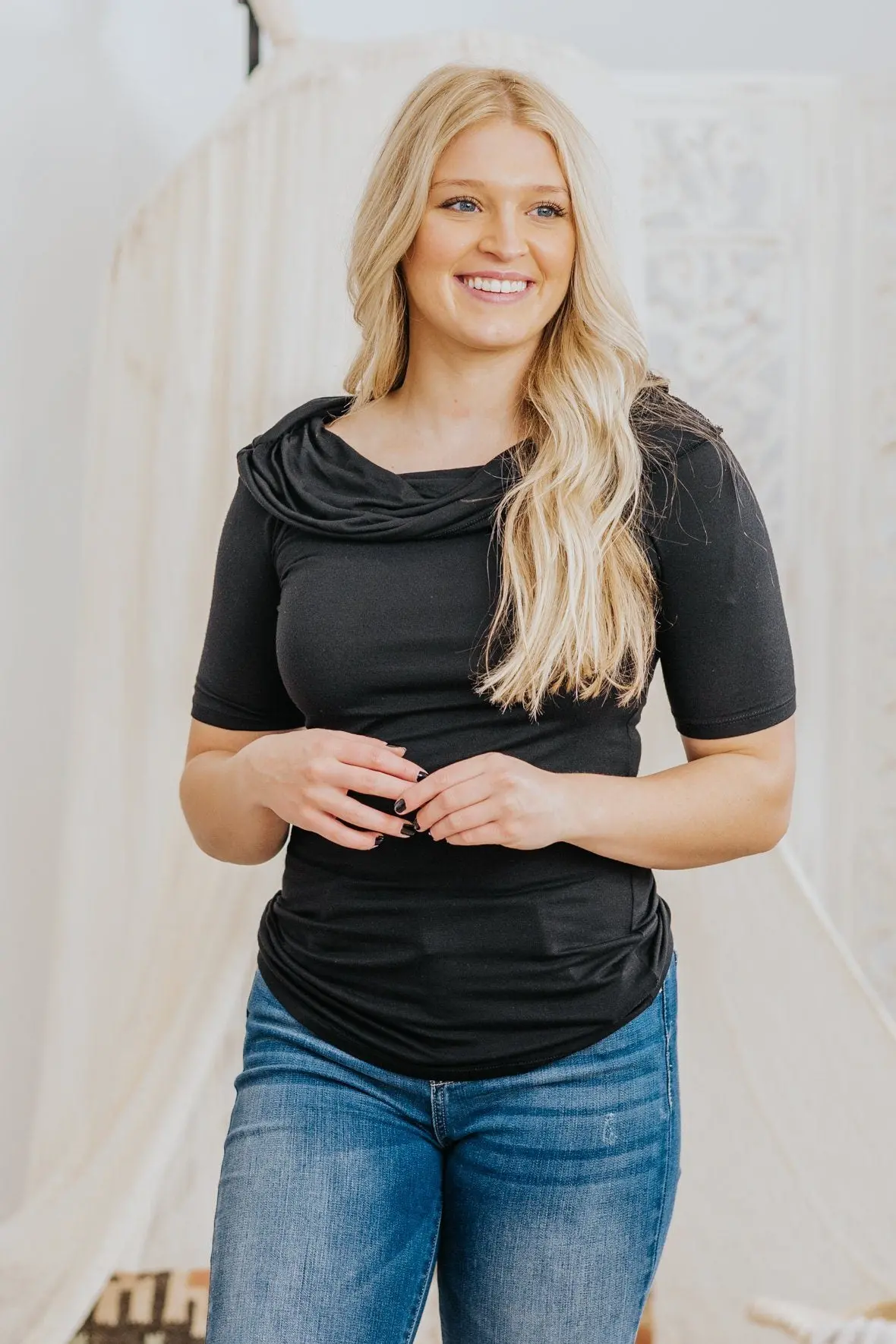 True As Can Be T Shirt Cowl Neck Short Sleeve In Black 1