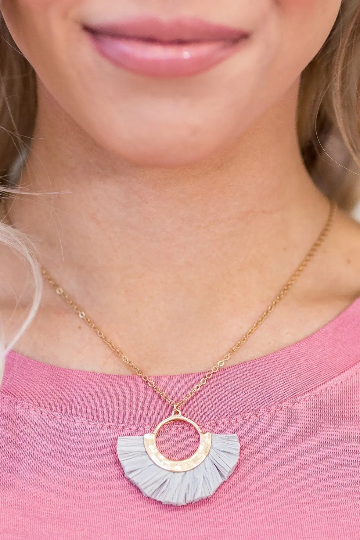 Laurel Grey Raffia Fringe Necklace In Gold 1