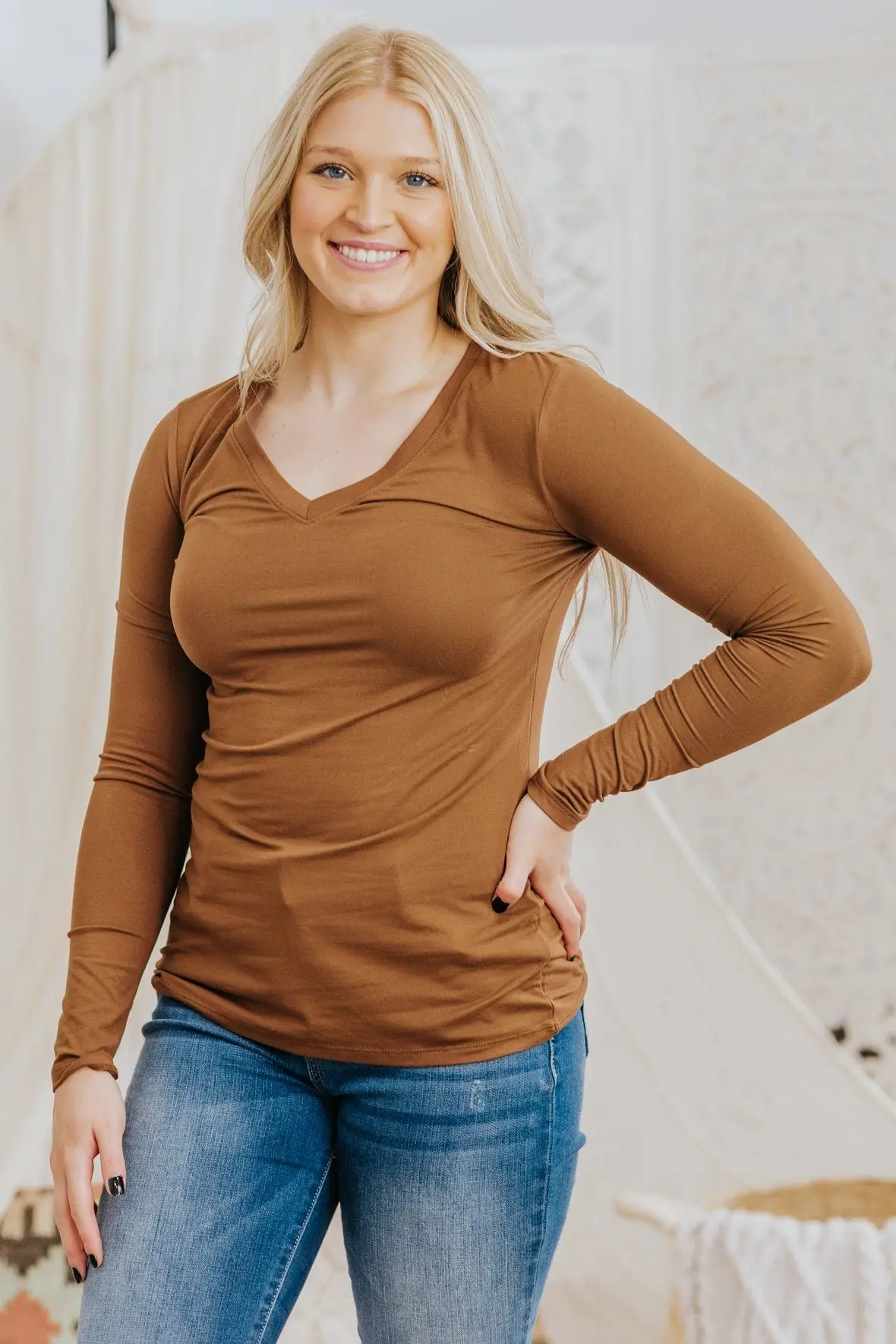 Classic Basic V Neck Long Sleeve Top In Brown 1