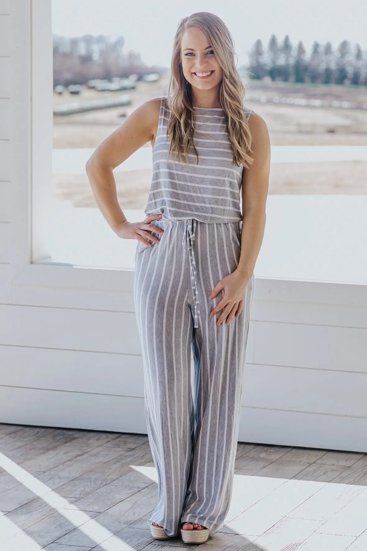 Just Wanna Have Fun Striped Sleeveless Jumpsuit In Heather Grey 1