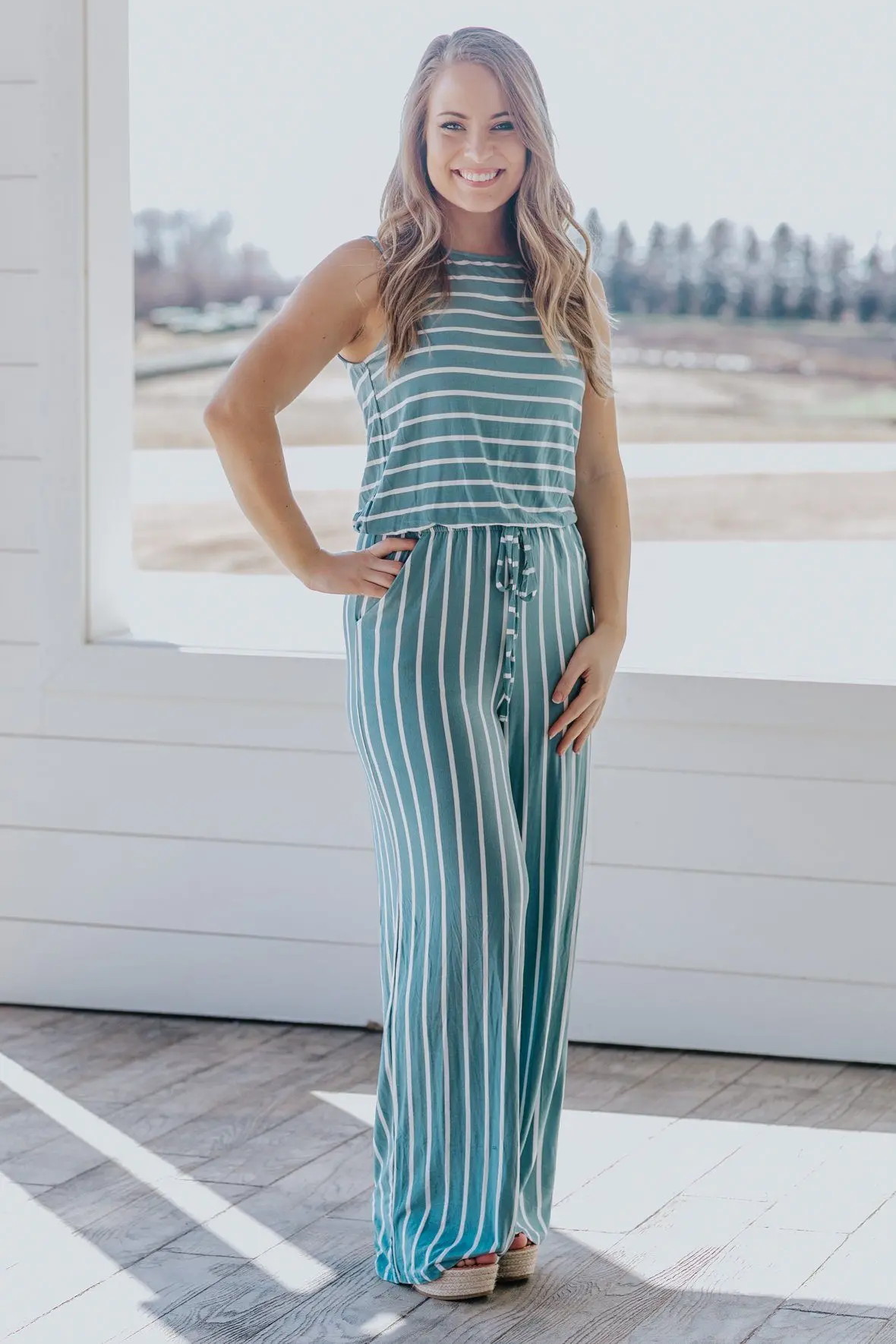 Just Wanna Have Fun Striped Sleeveless Jumpsuit In Blue Grey 1