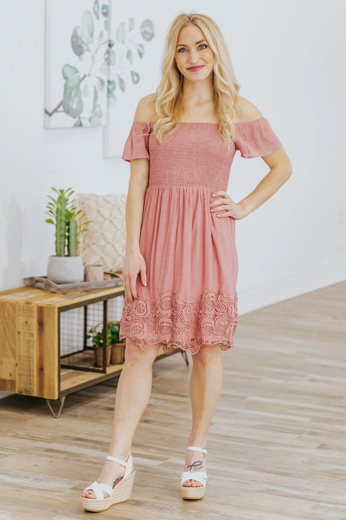 Take Your Time Short Sleeve Crochet Lace Smocked Dress In Dusty Rose 1