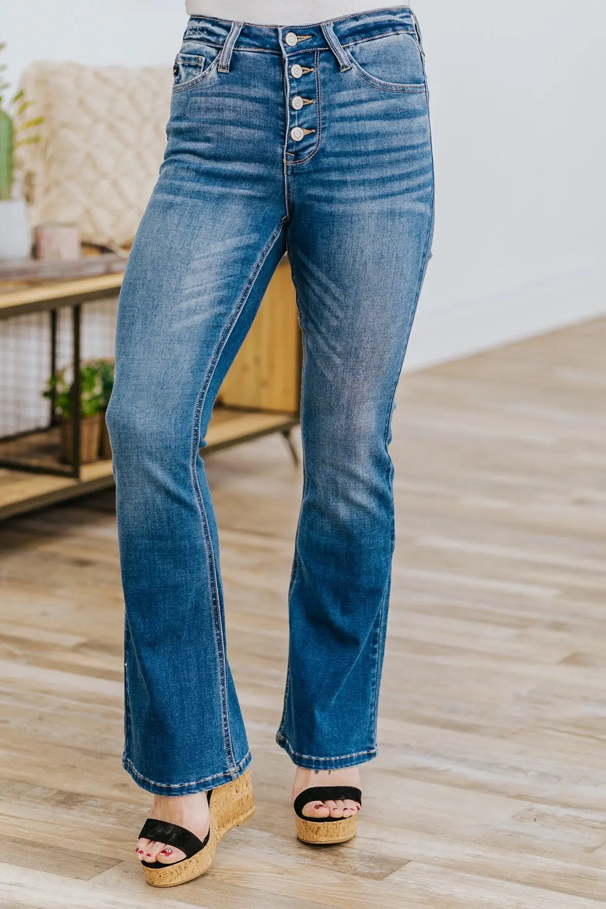 Katya Kancan High Rise Petite Fit Bootcut Medium Wash Jean 1