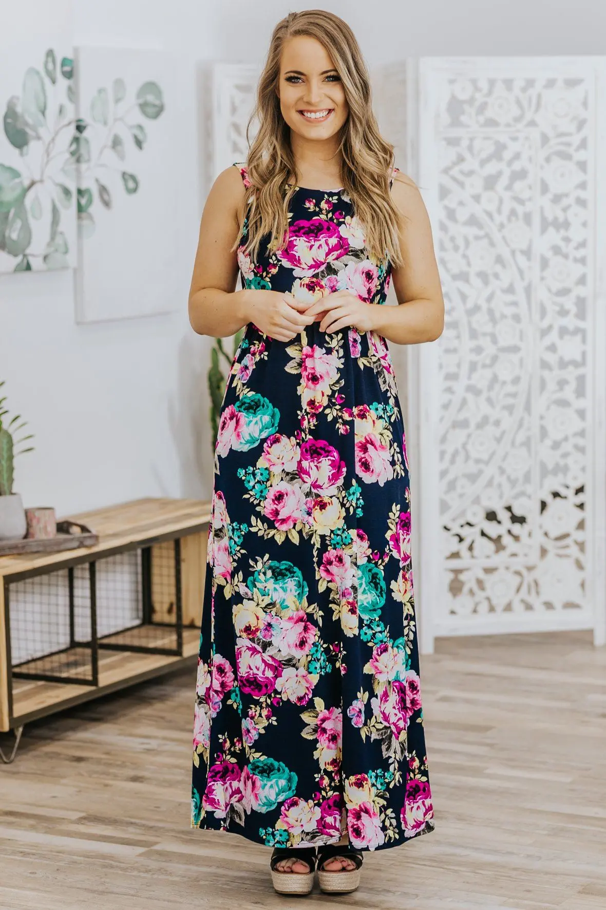 Everything's Alright Floral Print Sleeveless Dress In Navy 1