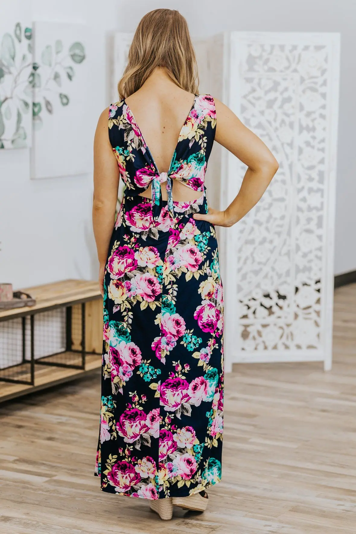 Everything's Alright Floral Print Sleeveless Dress In Navy 2