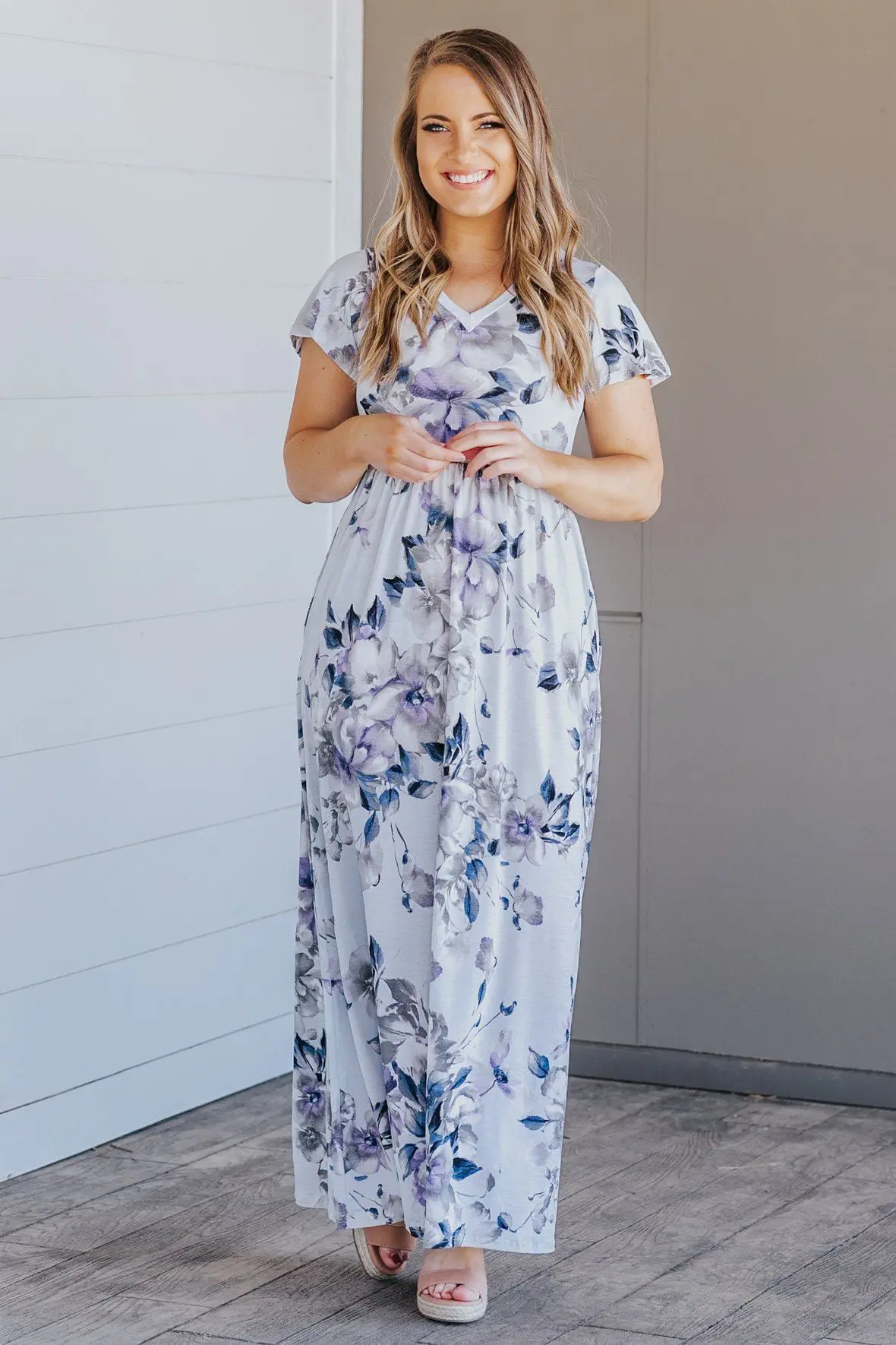 Meant To Be Short Sleeve Floral Maxi Dress In Light Blue 1