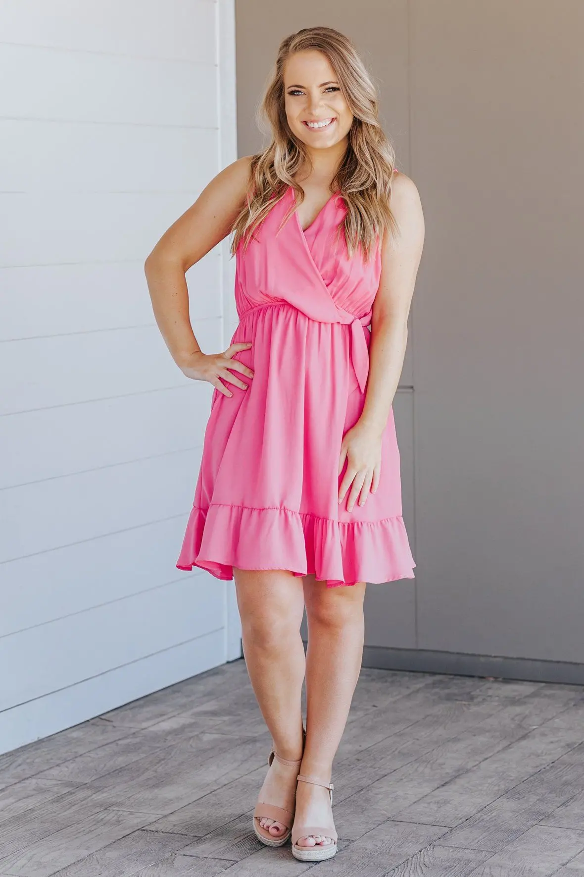 Feelin' Springy Elastic Waist Ruffle Short Dress In Fuchsia 1