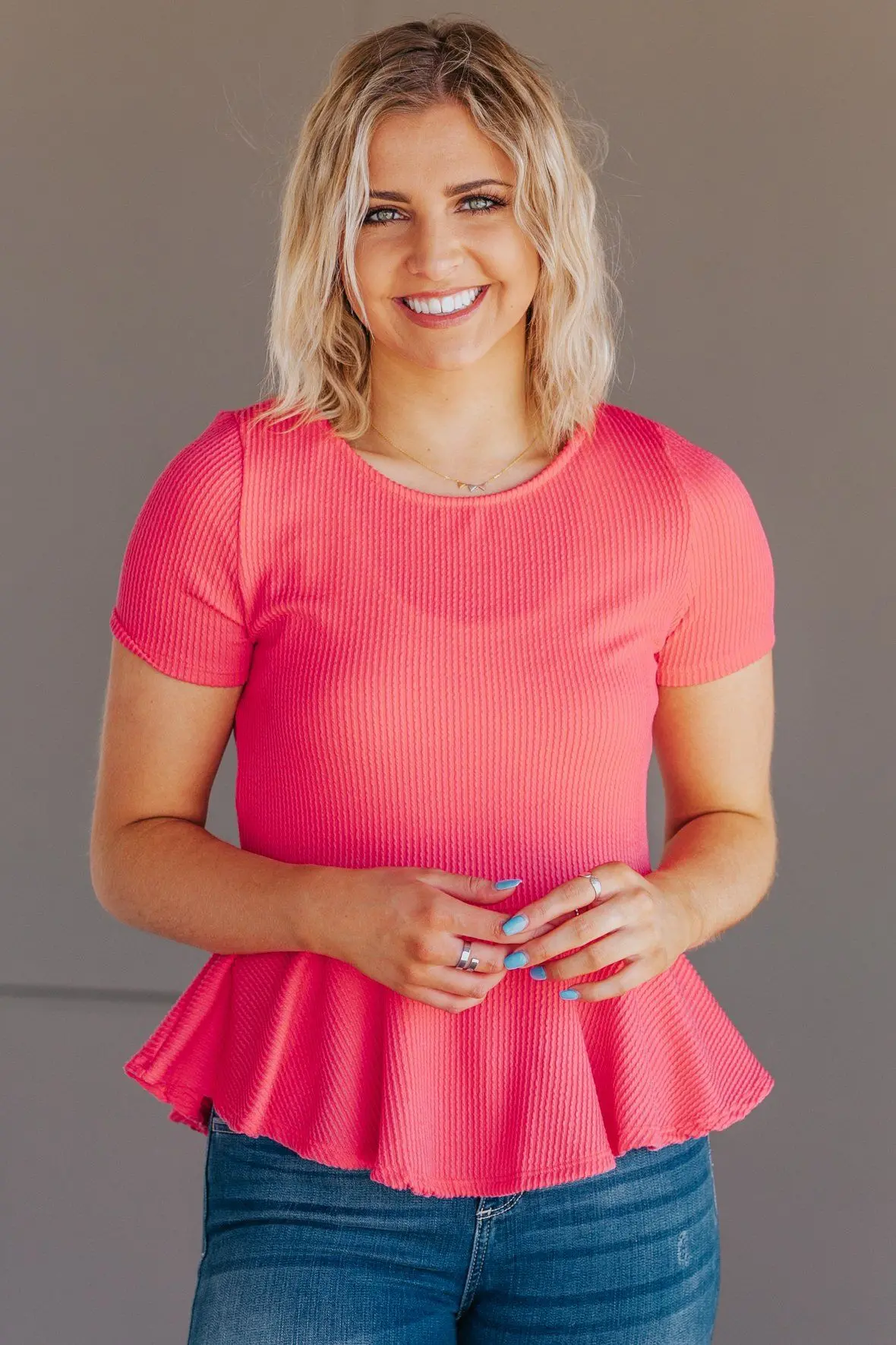 Hold Me Together Waffle Detail Short Sleeve Top In Fuchsia 1