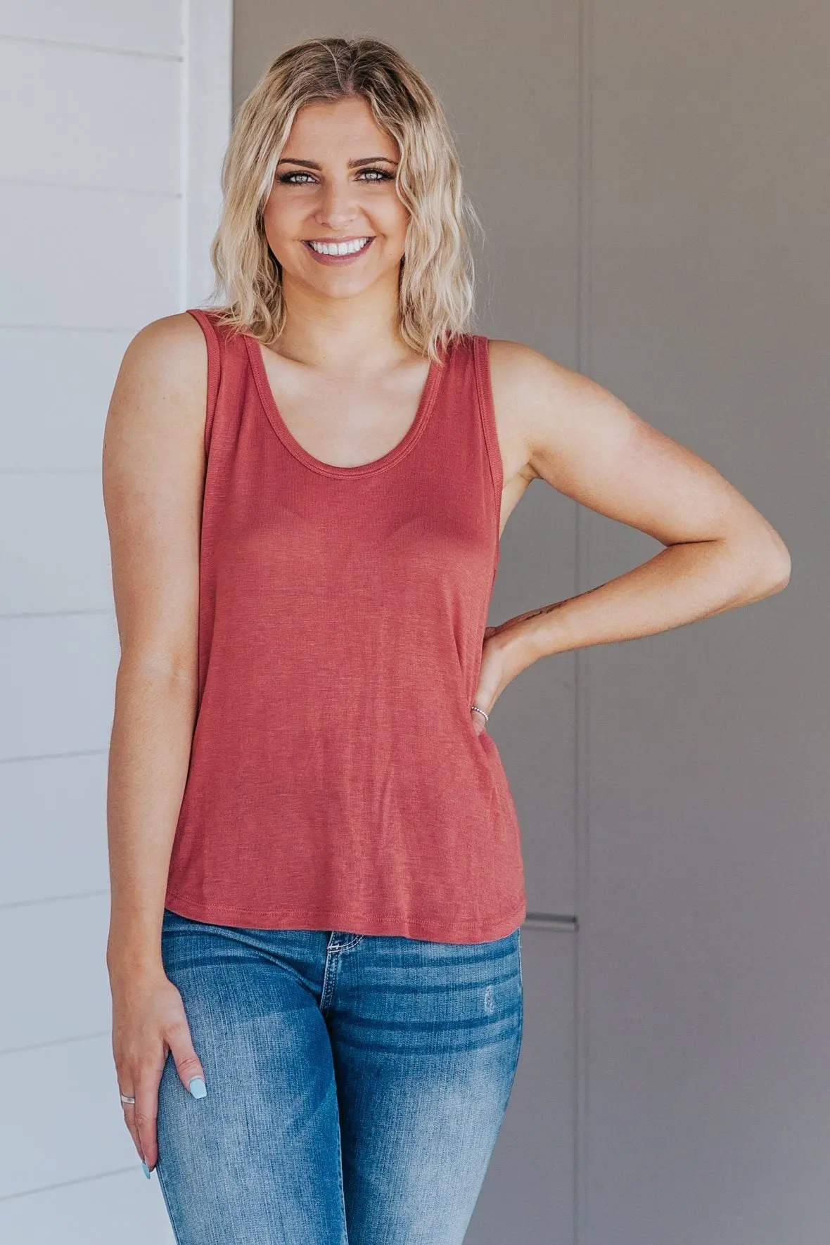 Cozy Late Night Round Neck Sleeveless Tank Top In Terra Cotta 1