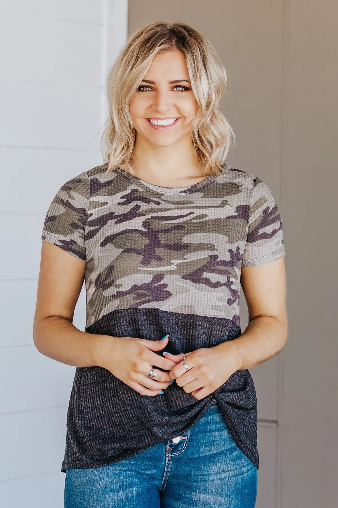 Stronger Today Than Yesterday Waffle Detail Short Sleeve Top In Olive 1