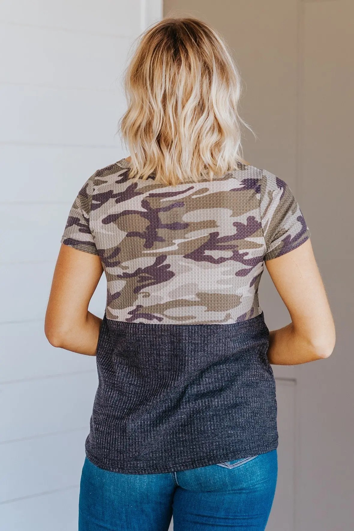 Stronger Today Than Yesterday Waffle Detail Short Sleeve Top In Olive 2