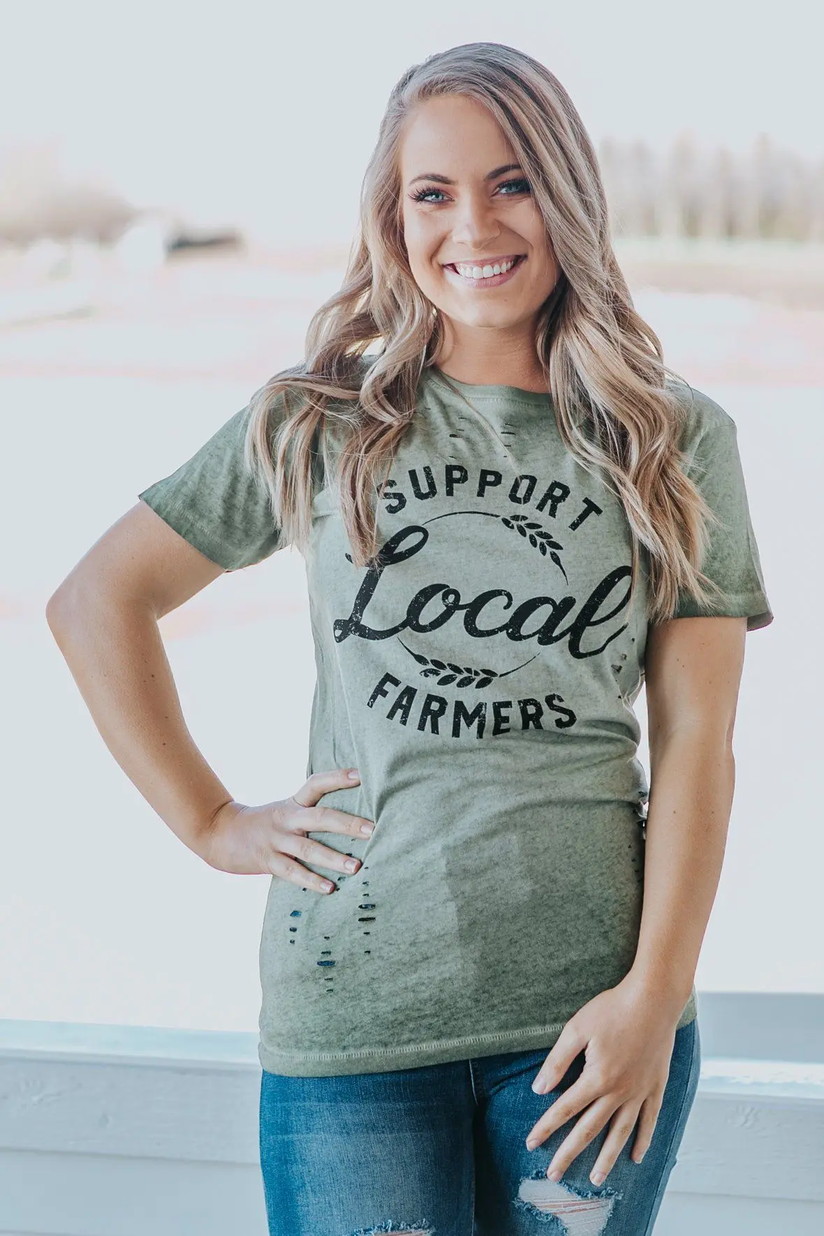 "Support Your Local Farmers" Laser Cut Graphic Short Sleeve Top In Olive 1