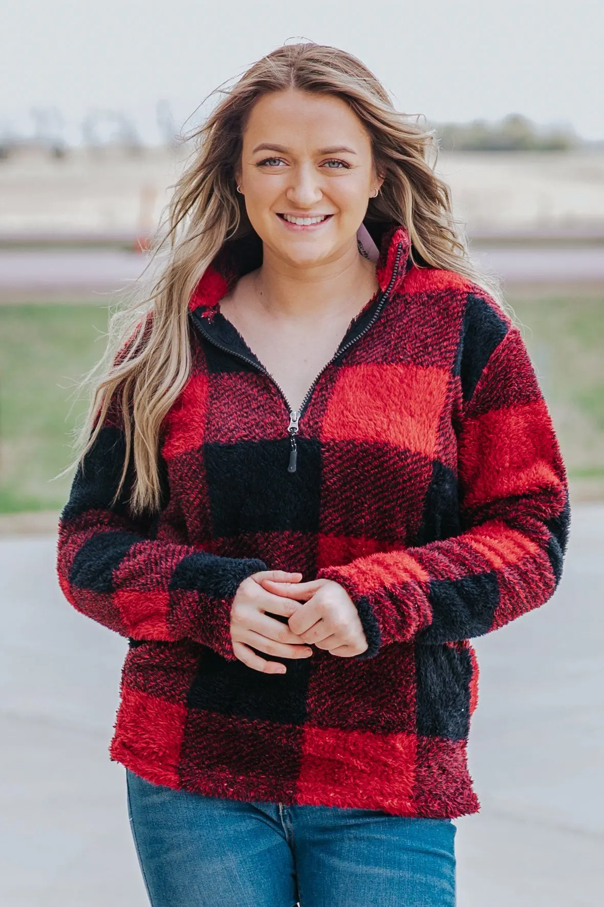 Winter Feelings Buffalo Plaid 1/4 Zip Up Top In Red Black 1
