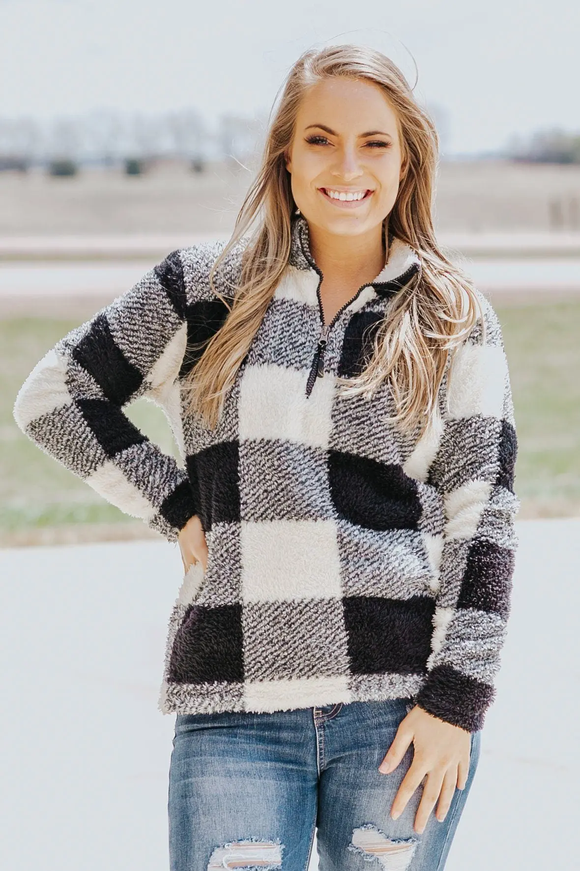 Winter Feelings Buffalo Plaid 1/4 Zip Up Top In White Black 1