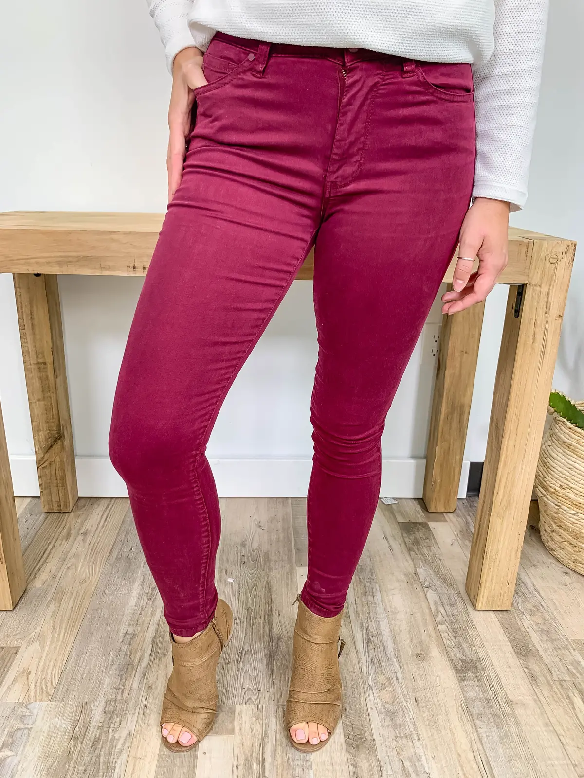 Being You Today Mid Rise Skinny Jeans In Burgundy 1