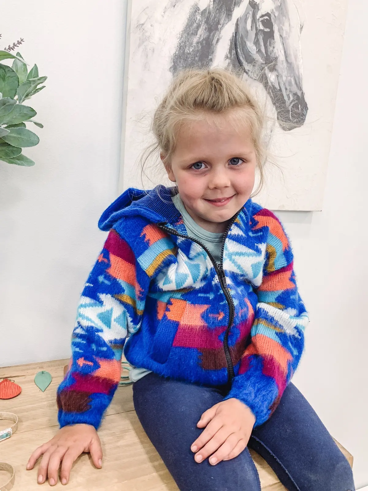 Kids: Aztec Long Sleeve Hooded Zip Up Jacket In Blue 1