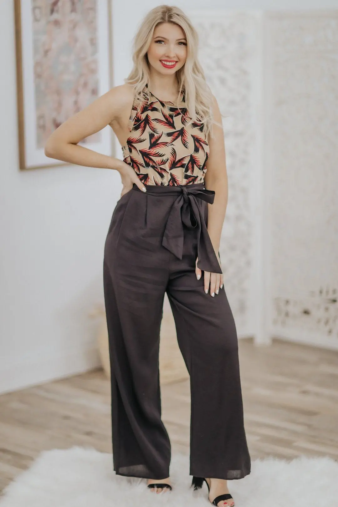 Could Be The One Fern Print Halter Top Sleeveless Jumpsuit In Taupe 1