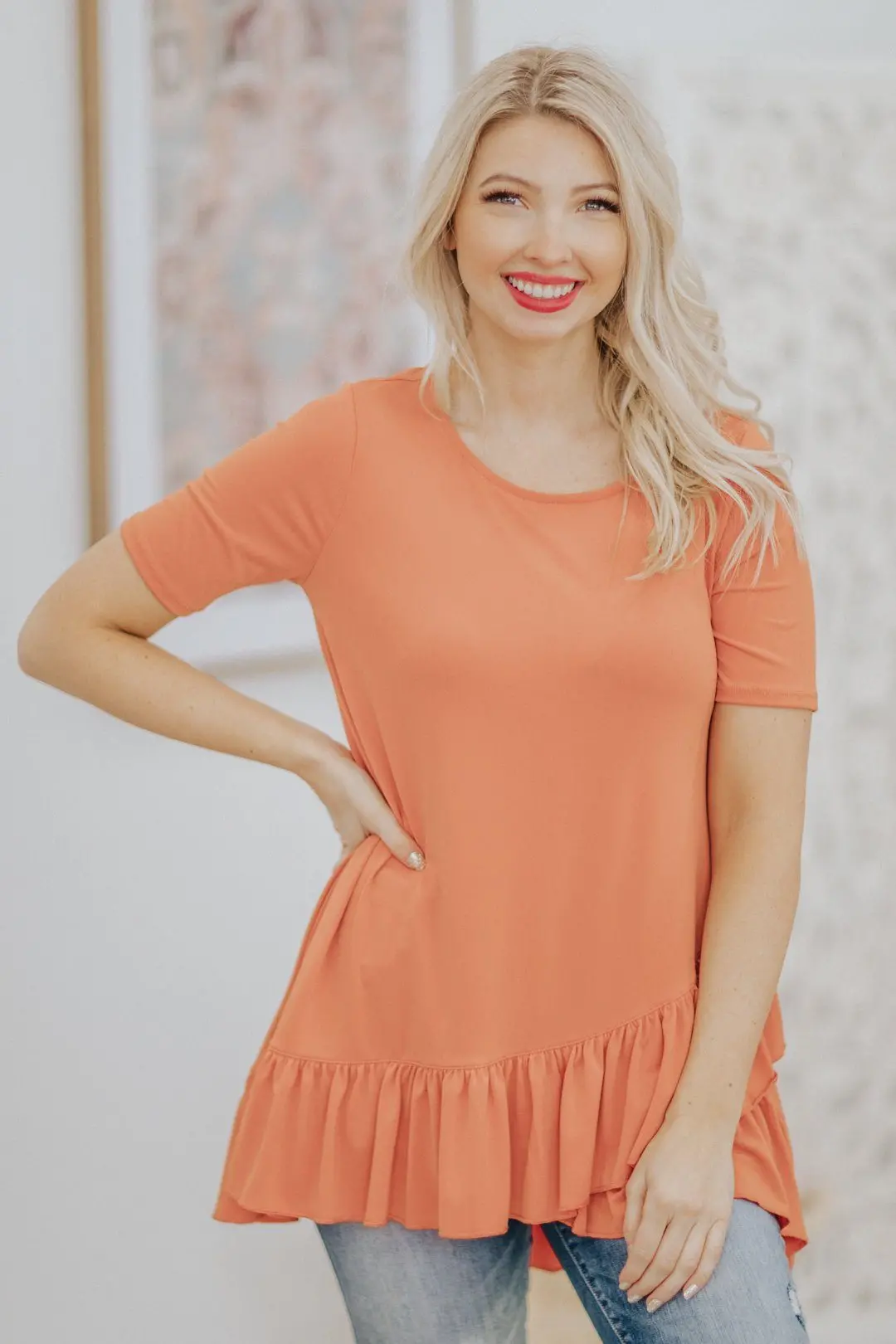 Let's Go Shopping Ruffle Hem Short Sleeve Tunic Top In Ash Copper 1