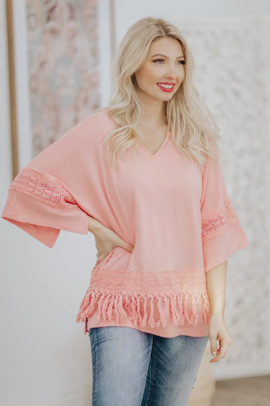 You Make Me Happy Lace Tassel Detail Short Sleeve Top In Pink 1
