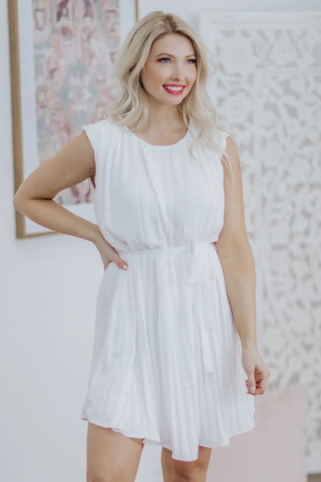 Please Stay Forever Pleated Sleeveless Tie Waist Midi Dress In White 1